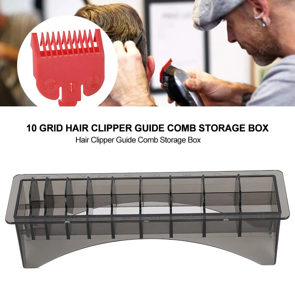 10 Grid Guide Comb Storage Case, Rectangular Plastic Electric Hair Tools Limit Organizer Case Clipper Guard Holder Barber Box Barbershop Desk Accessories Use Supplies for Salon Personal Home