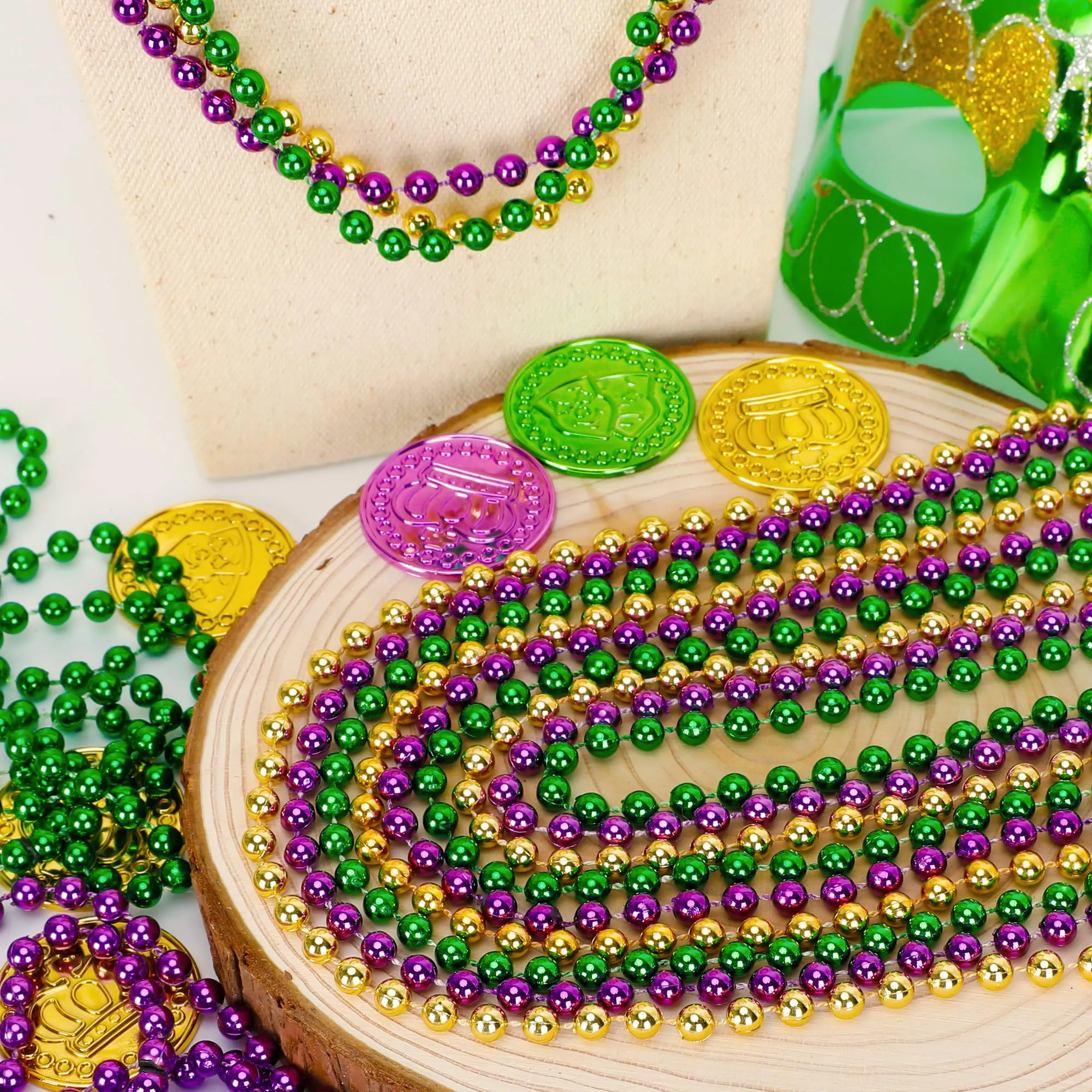 120PCS Mardi Gras Beads, 33" Beaded Necklace, Purple Gold Green Mardi Gras Accessories, Party Costume Necklaces Parade Throws Women Men Beads Bulk for Party Event Favors Supplies Decorations