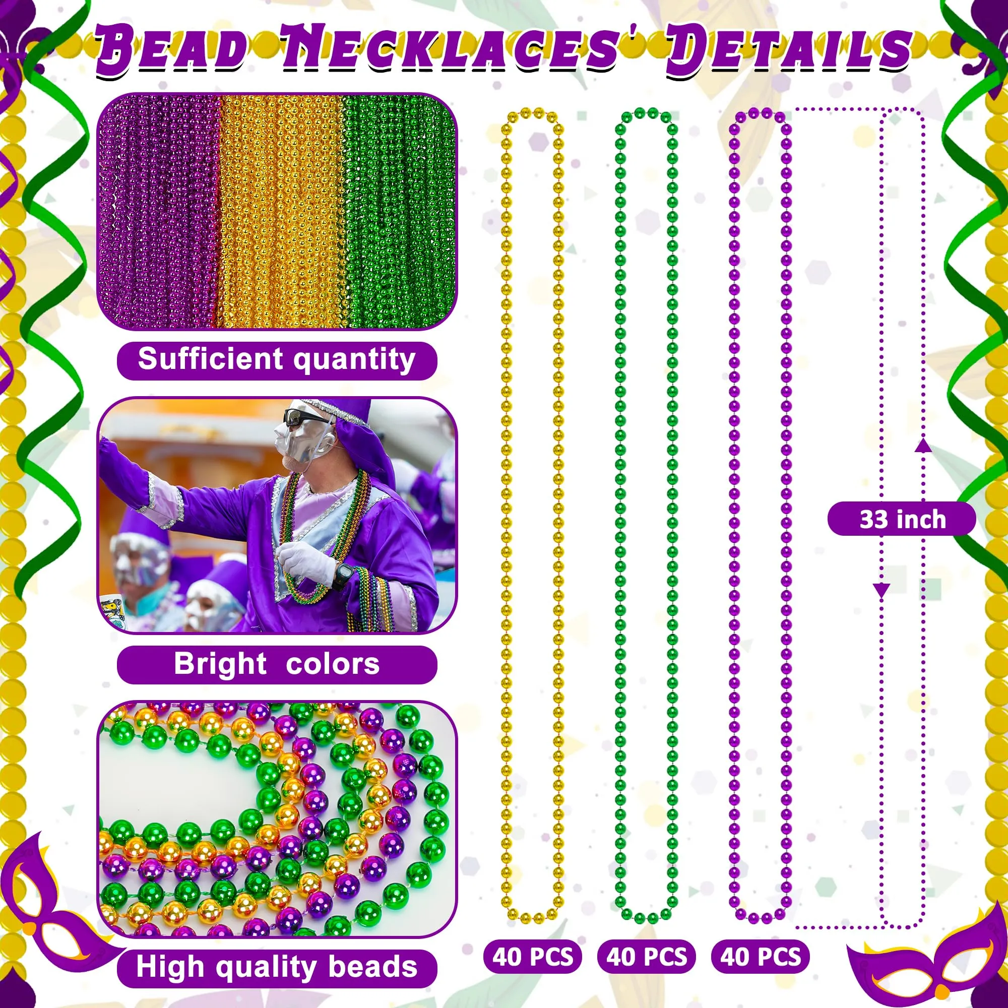 120PCS Mardi Gras Beads, 33" Beaded Necklace, Purple Gold Green Mardi Gras Accessories, Party Costume Necklaces Parade Throws Women Men Beads Bulk for Party Event Favors Supplies Decorations