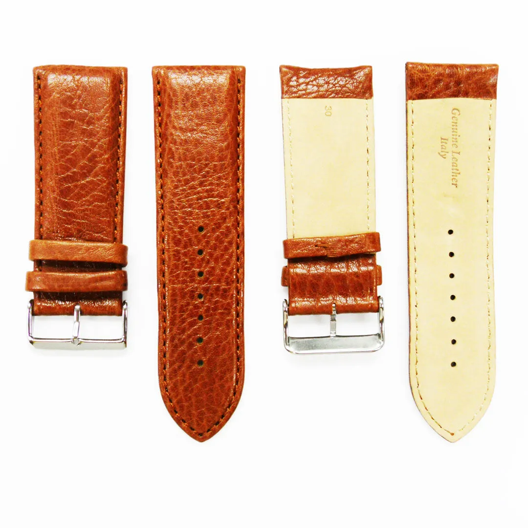 28MM Leather Watch Band Light Brown with Grain Padded White Stitched Regular Size Strap Replacement With Silver Buckle