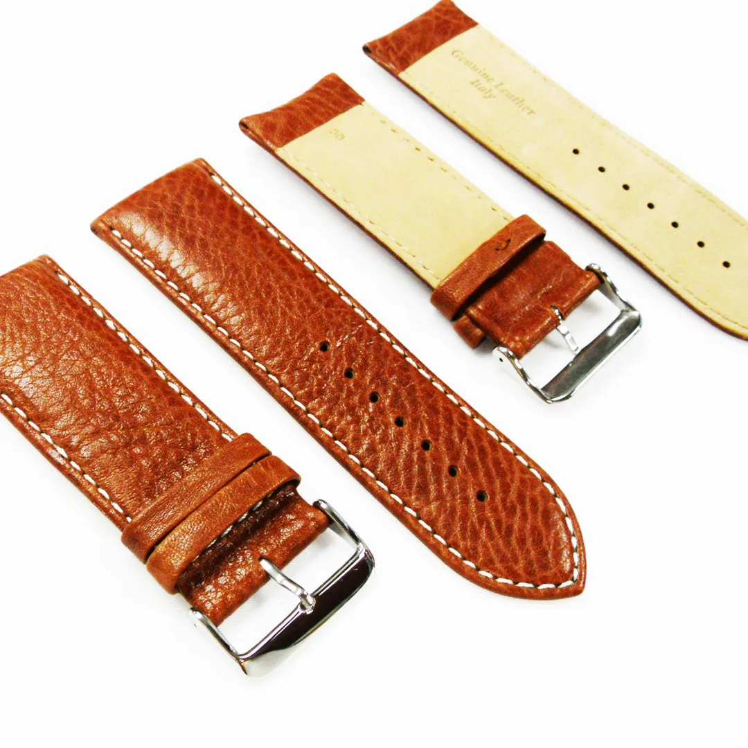 28MM Leather Watch Band Light Brown with Grain Padded White Stitched Regular Size Strap Replacement With Silver Buckle