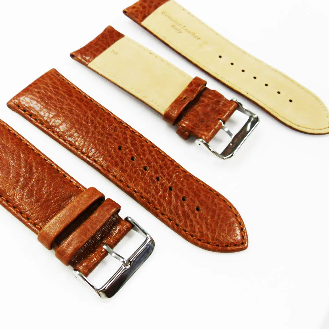 28MM Leather Watch Band Light Brown with Grain Padded White Stitched Regular Size Strap Replacement With Silver Buckle