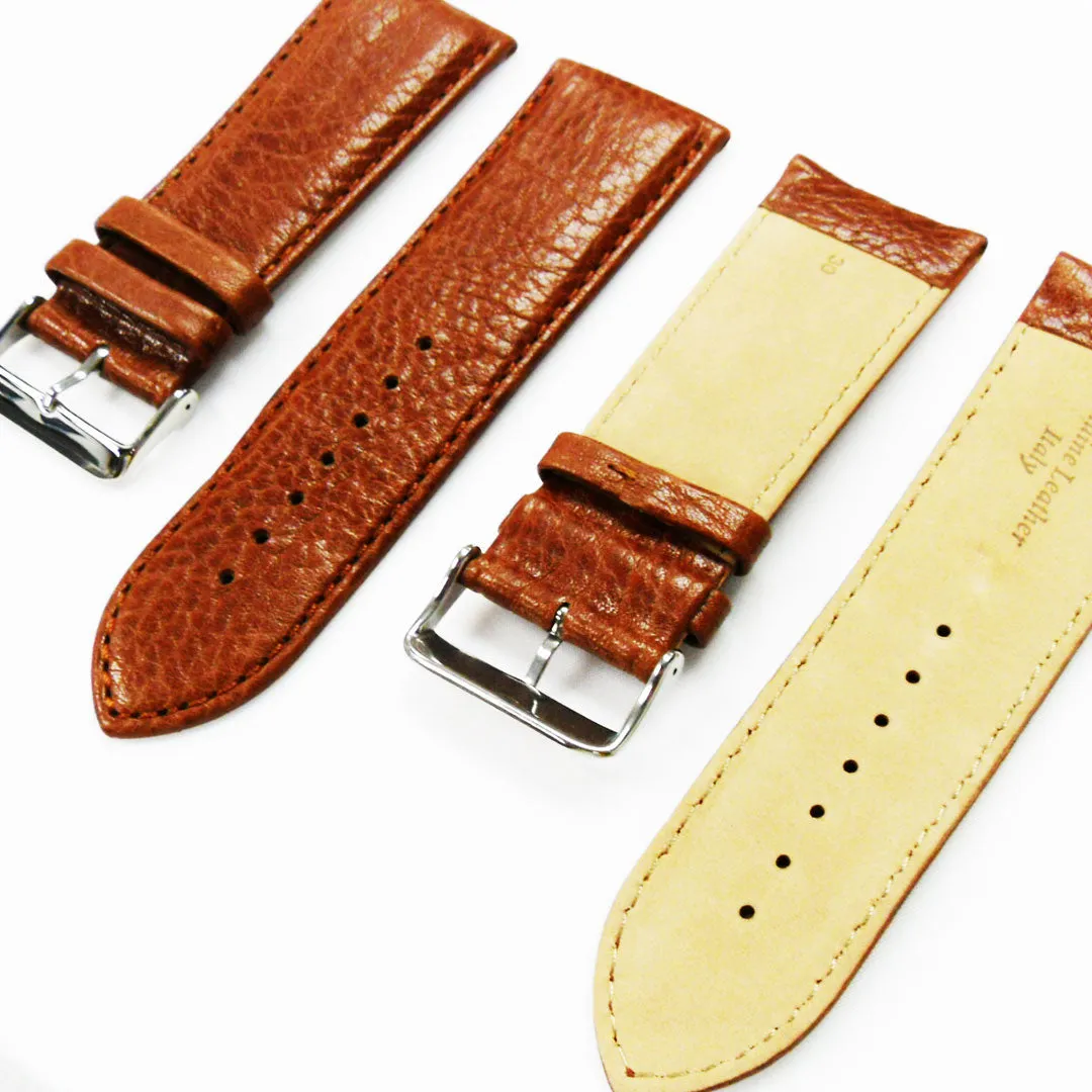 28MM Leather Watch Band Light Brown with Grain Padded White Stitched Regular Size Strap Replacement With Silver Buckle