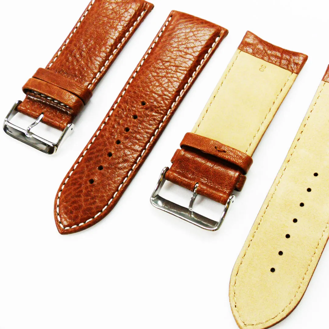 28MM Leather Watch Band Light Brown with Grain Padded White Stitched Regular Size Strap Replacement With Silver Buckle