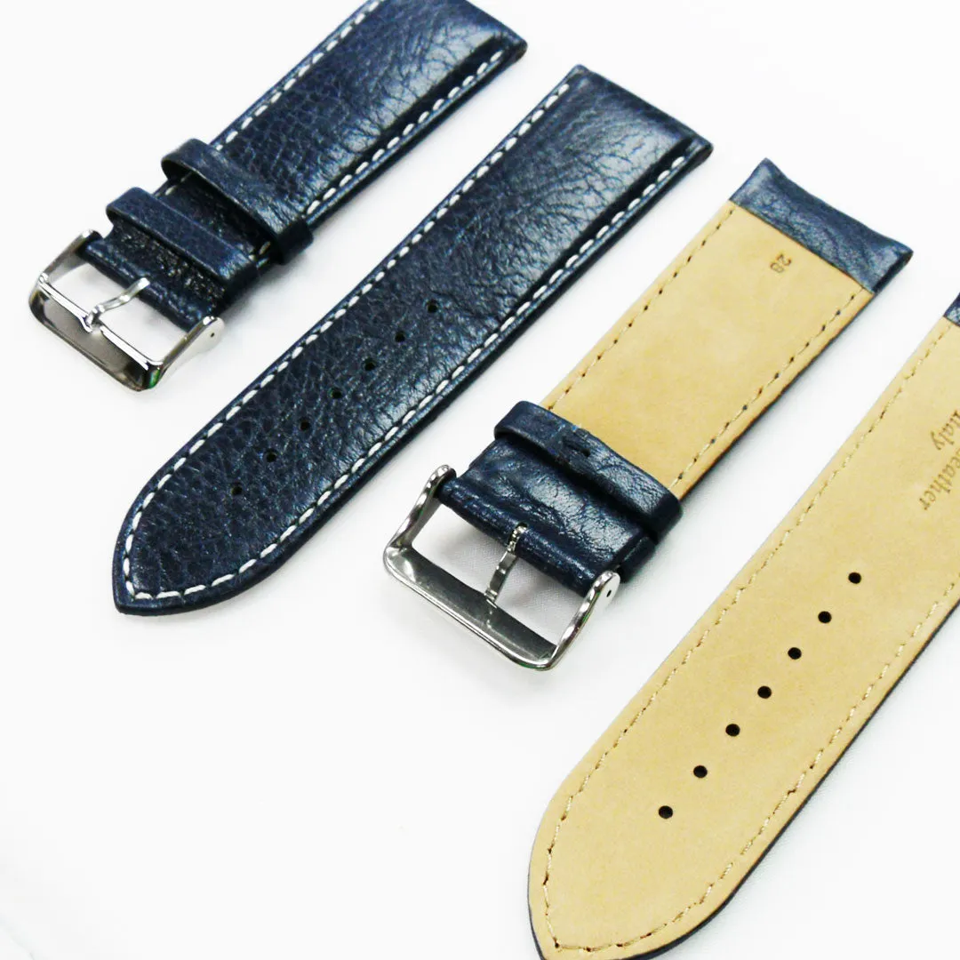 28MM Leather Watch Band Royal Blue with Grain Padded White Stitched Regular Size Strap Replacement With Silver Buckle