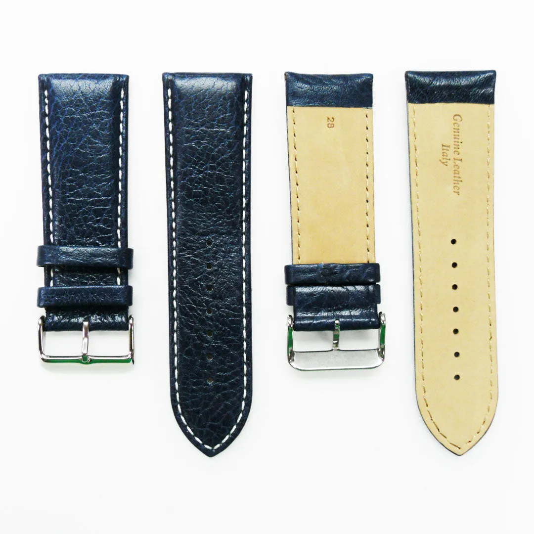 28MM Leather Watch Band Royal Blue with Grain Padded White Stitched Regular Size Strap Replacement With Silver Buckle