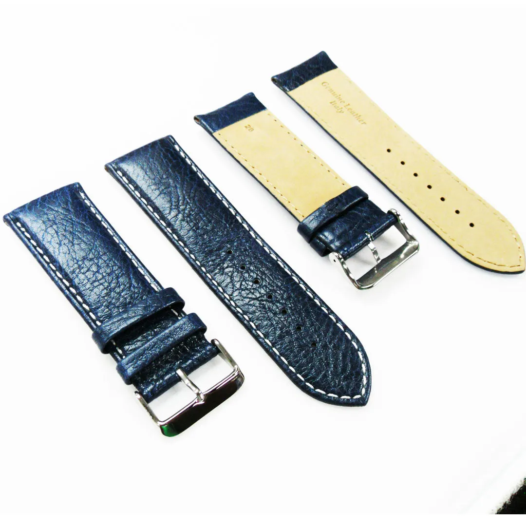 28MM Leather Watch Band Royal Blue with Grain Padded White Stitched Regular Size Strap Replacement With Silver Buckle