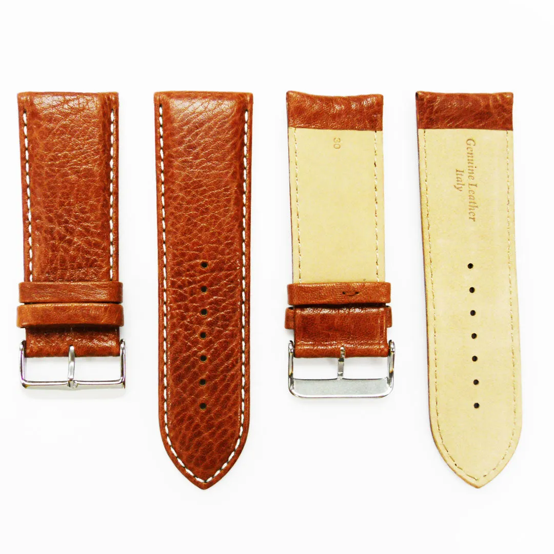 28MM Leather Watch Band Royal Blue with Grain Padded White Stitched Regular Size Strap Replacement With Silver Buckle