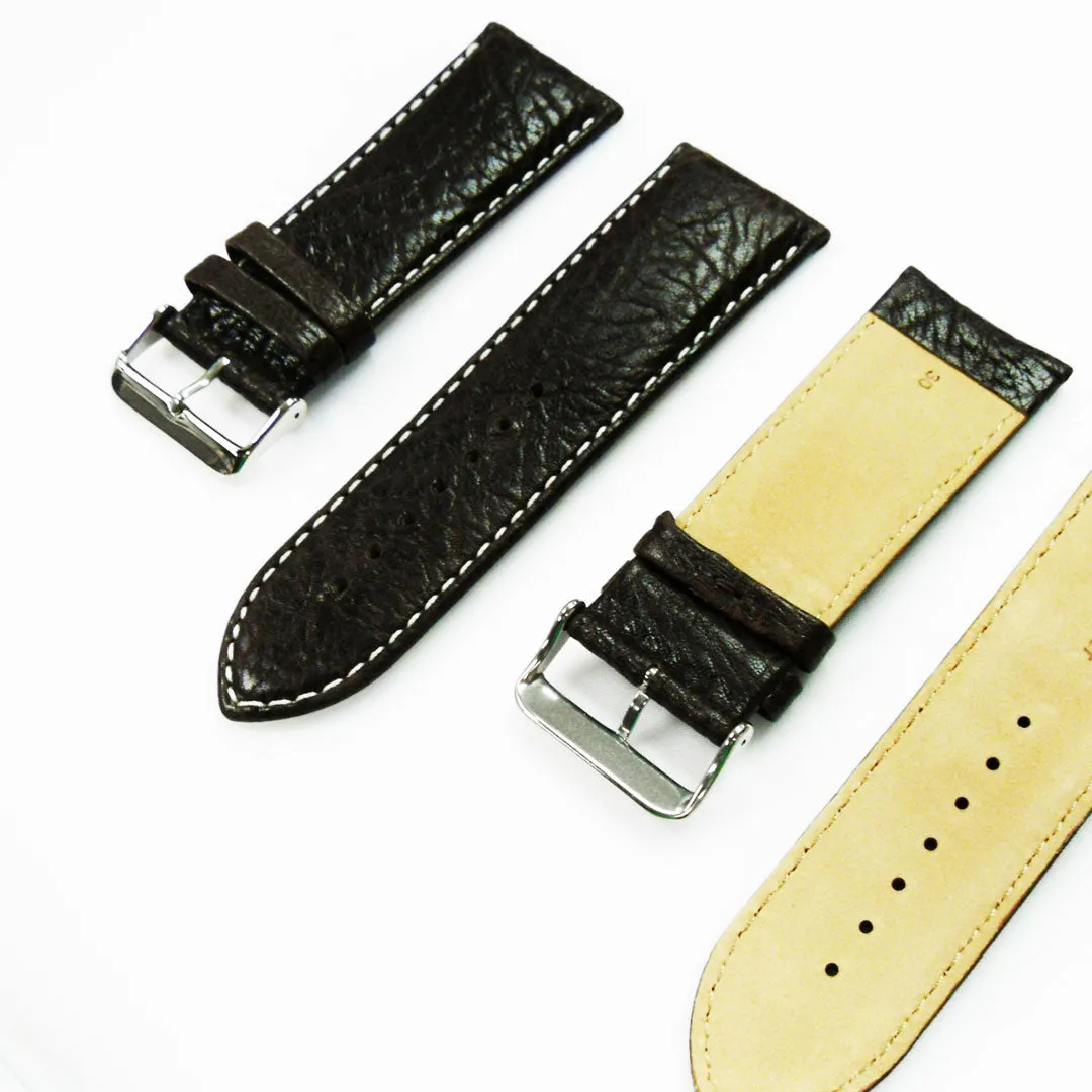 30MM Regular Size Strap Dark Brown with Grain Padded Brown and White Stitched Regular Size Strap Replacement With Silver Buckle