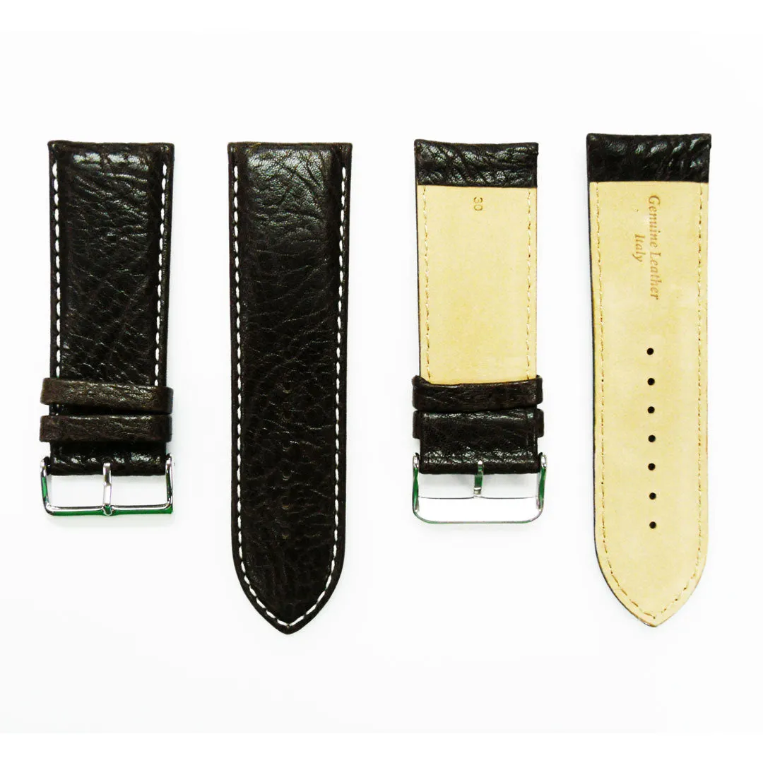 30MM Regular Size Strap Dark Brown with Grain Padded Brown and White Stitched Regular Size Strap Replacement With Silver Buckle