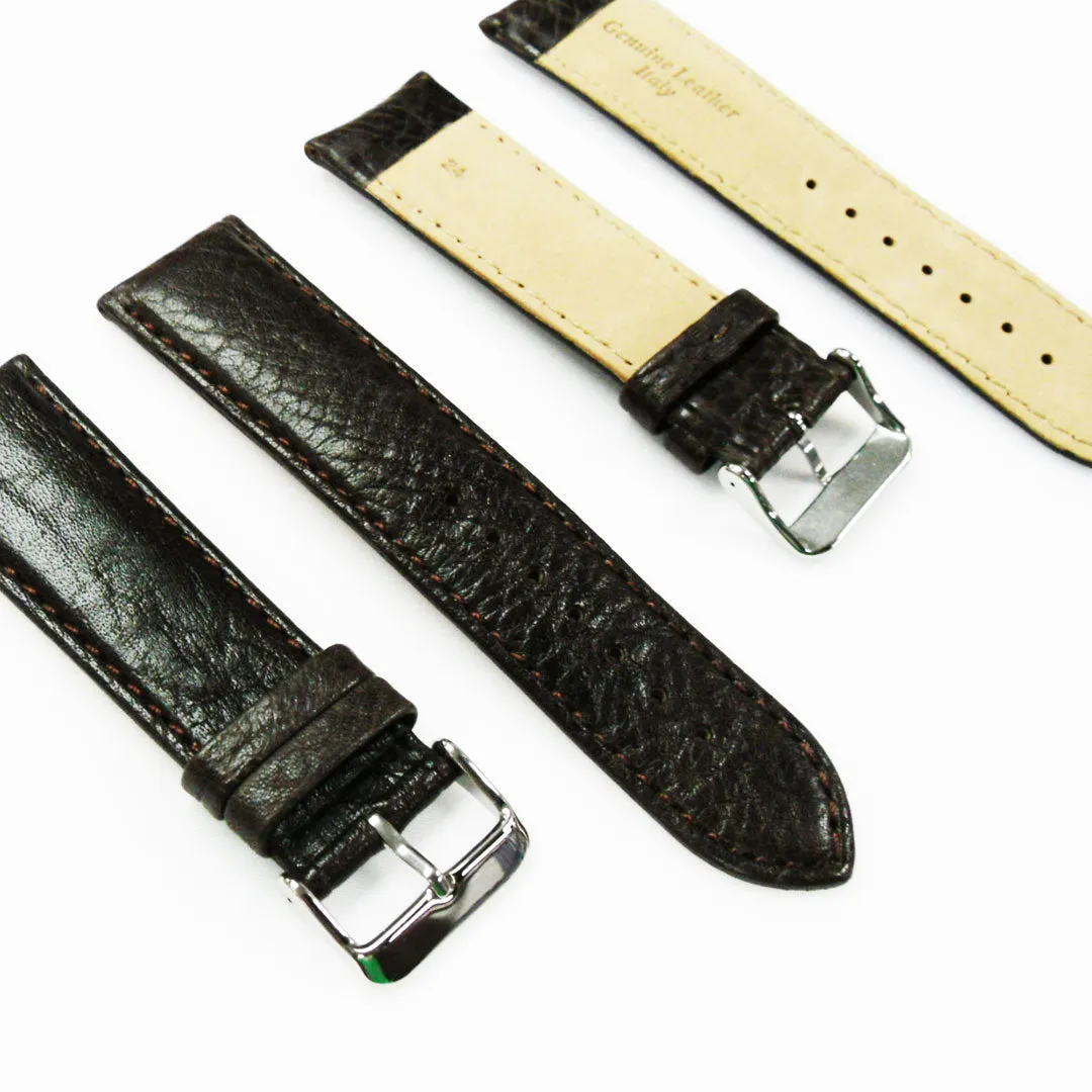 30MM Regular Size Strap Dark Brown with Grain Padded Brown and White Stitched Regular Size Strap Replacement With Silver Buckle