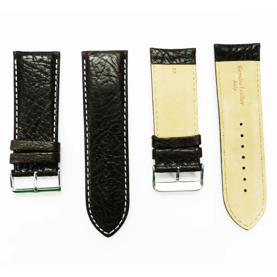 30MM Regular Size Strap Dark Brown with Grain Padded Brown and White Stitched Regular Size Strap Replacement With Silver Buckle