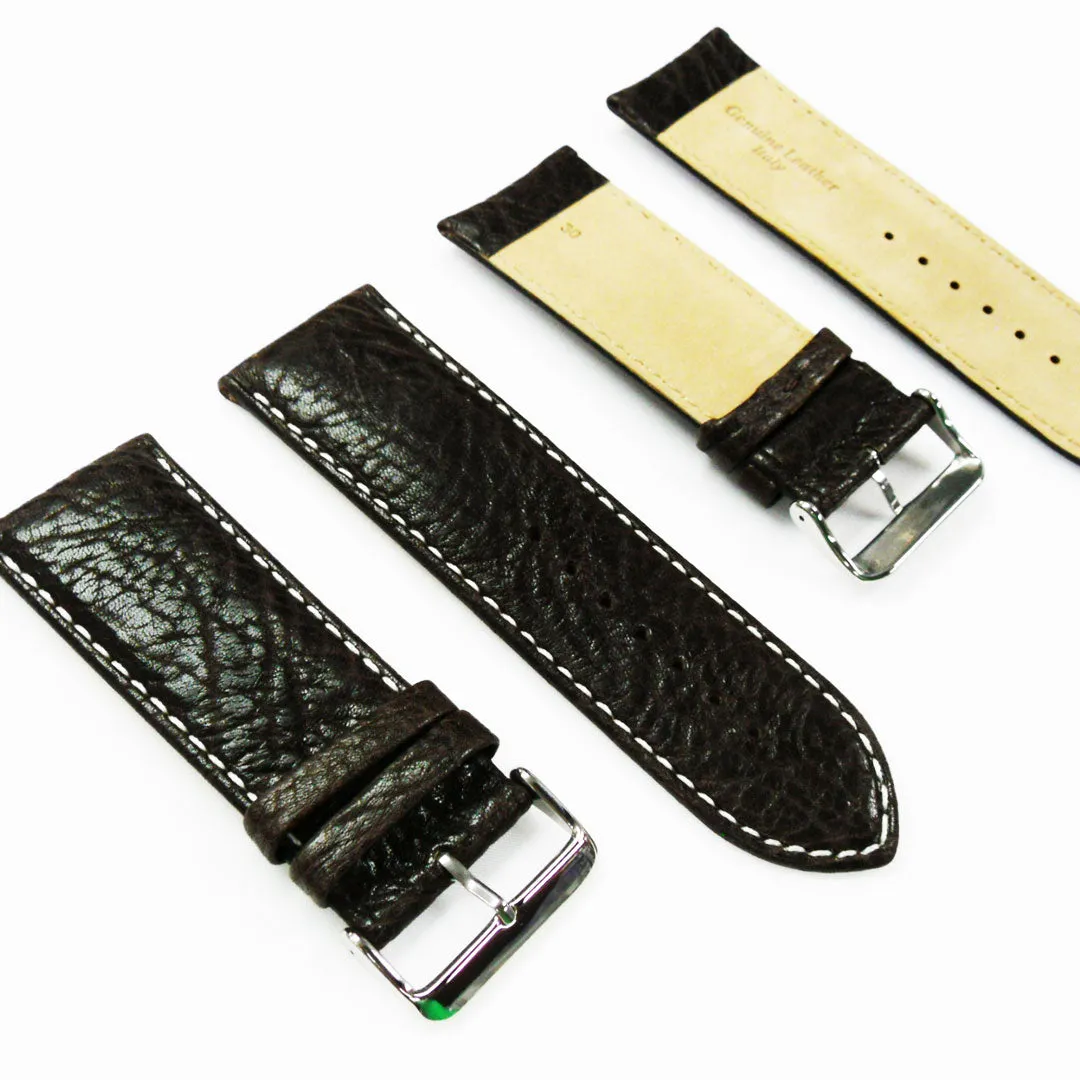 30MM Regular Size Strap Dark Brown with Grain Padded Brown and White Stitched Regular Size Strap Replacement With Silver Buckle