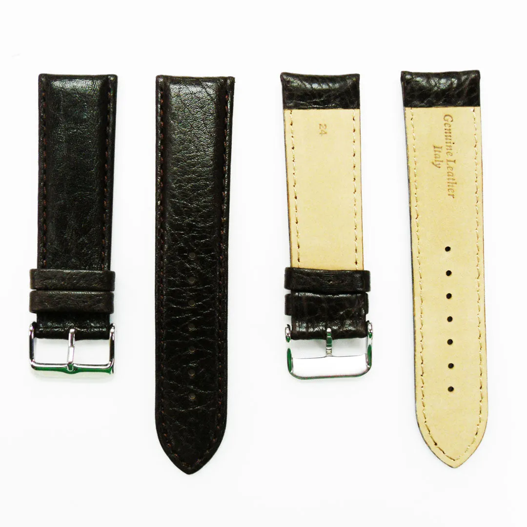 30MM Regular Size Strap Dark Brown with Grain Padded Brown and White Stitched Regular Size Strap Replacement With Silver Buckle