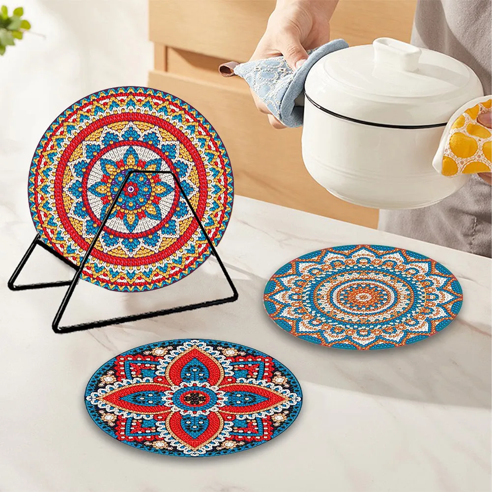 4 PCS Acrylic Mandala Diamond Painted Placemats Round Placemat with Holder