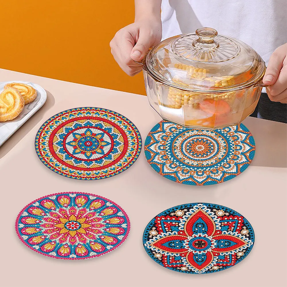 4 PCS Acrylic Mandala Diamond Painted Placemats Round Placemat with Holder