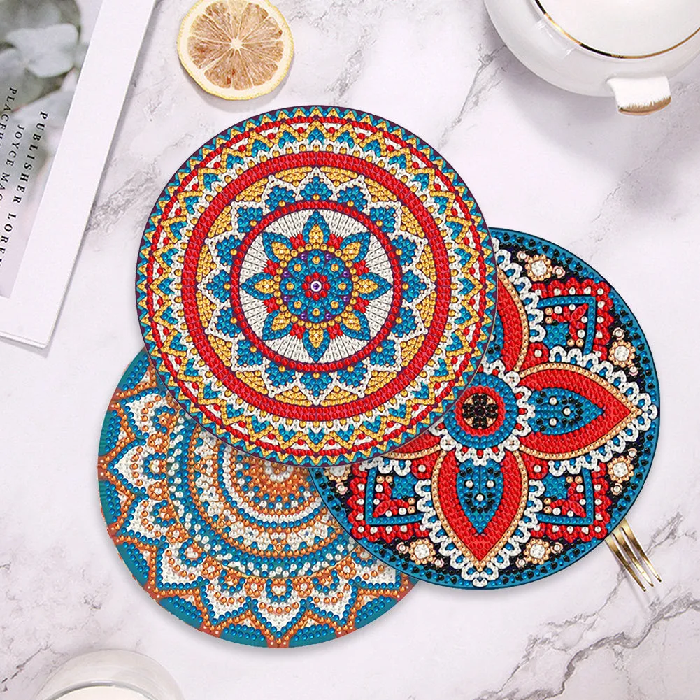 4 PCS Acrylic Mandala Diamond Painted Placemats Round Placemat with Holder