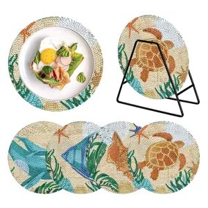 4 PCS Wooden Diamond Painted Placemat Round Placemat with Holder(Marine Life #2)