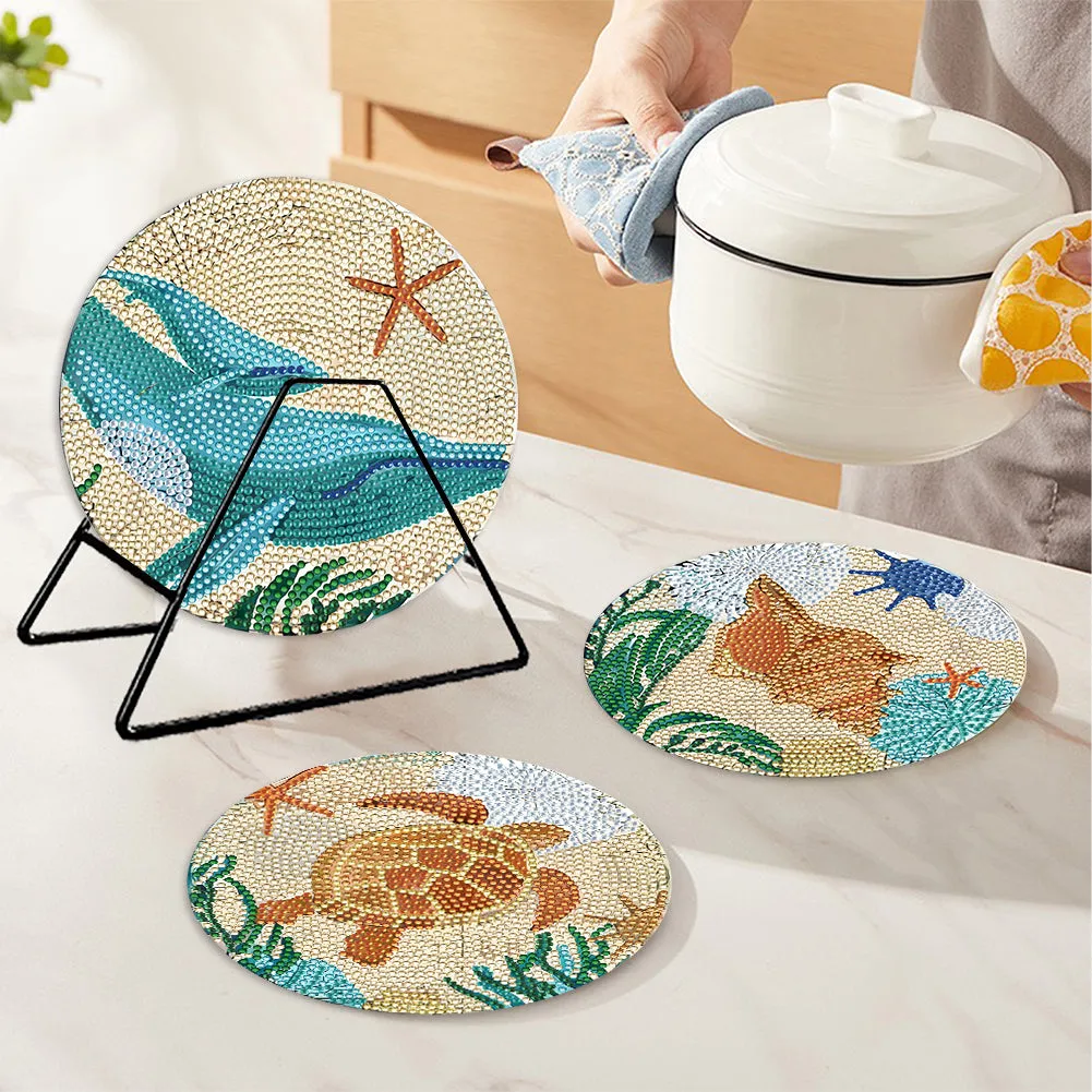 4 PCS Wooden Diamond Painted Placemat Round Placemat with Holder(Marine Life #2)