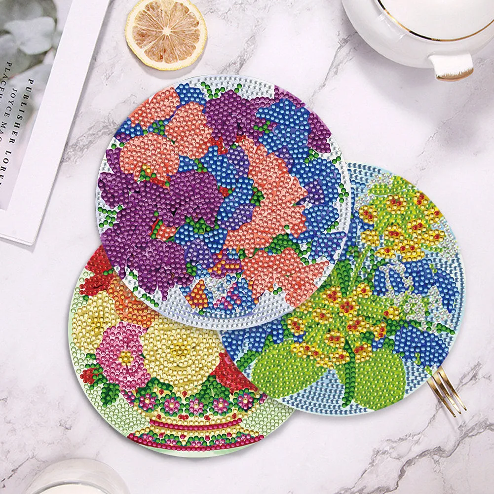 4 PCS Wooden Diamond Painted Placemats Round Placemat with Holder (Bouquet)