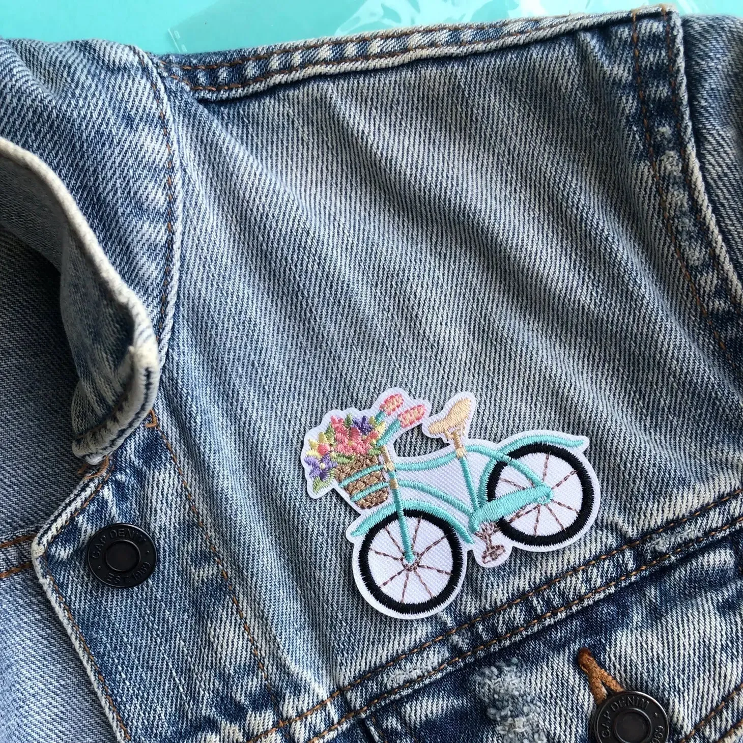 Bicycle with Flower Basket Iron-on Embroidered Patch