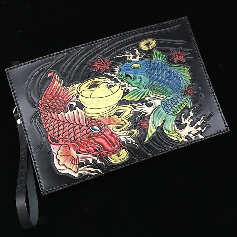 Black Handmade Tooled Leather Double Carps Clutch Wallet Wristlet Bag Clutch Purse For Men