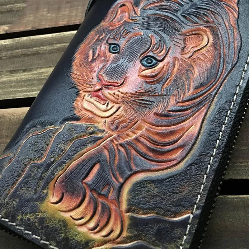 Black Handmade Tooled Tiger Leather Long Biker Wallet Chain Wallet Clutch Wallet For Men