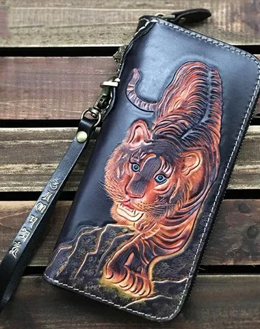 Black Handmade Tooled Tiger Leather Long Biker Wallet Chain Wallet Clutch Wallet For Men