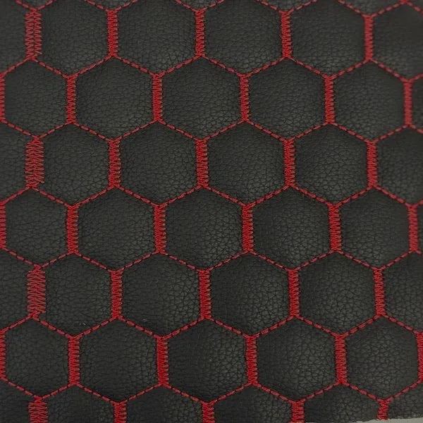 Black | Red Honeycomb Hexagon Quilted Foam Backed Faux Leather Vinyl Fabric