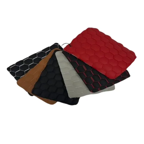 Black | Red Honeycomb Hexagon Quilted Foam Backed Faux Leather Vinyl Fabric