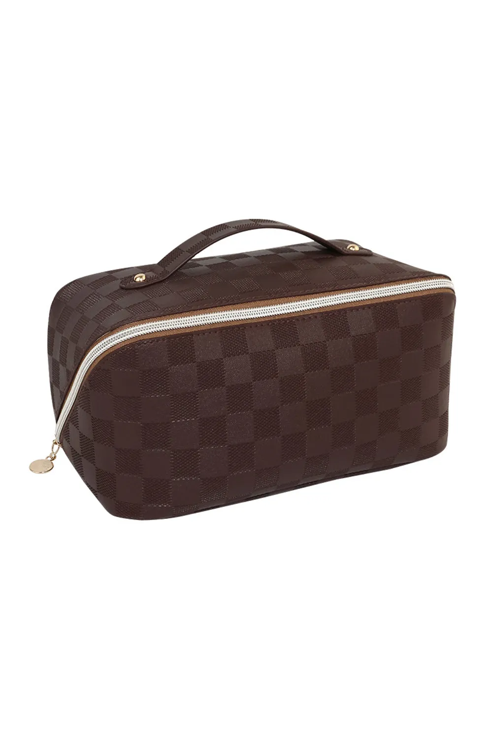 Chestnut Checkered Zipper Handle PU Leather Travel Makeup Bag