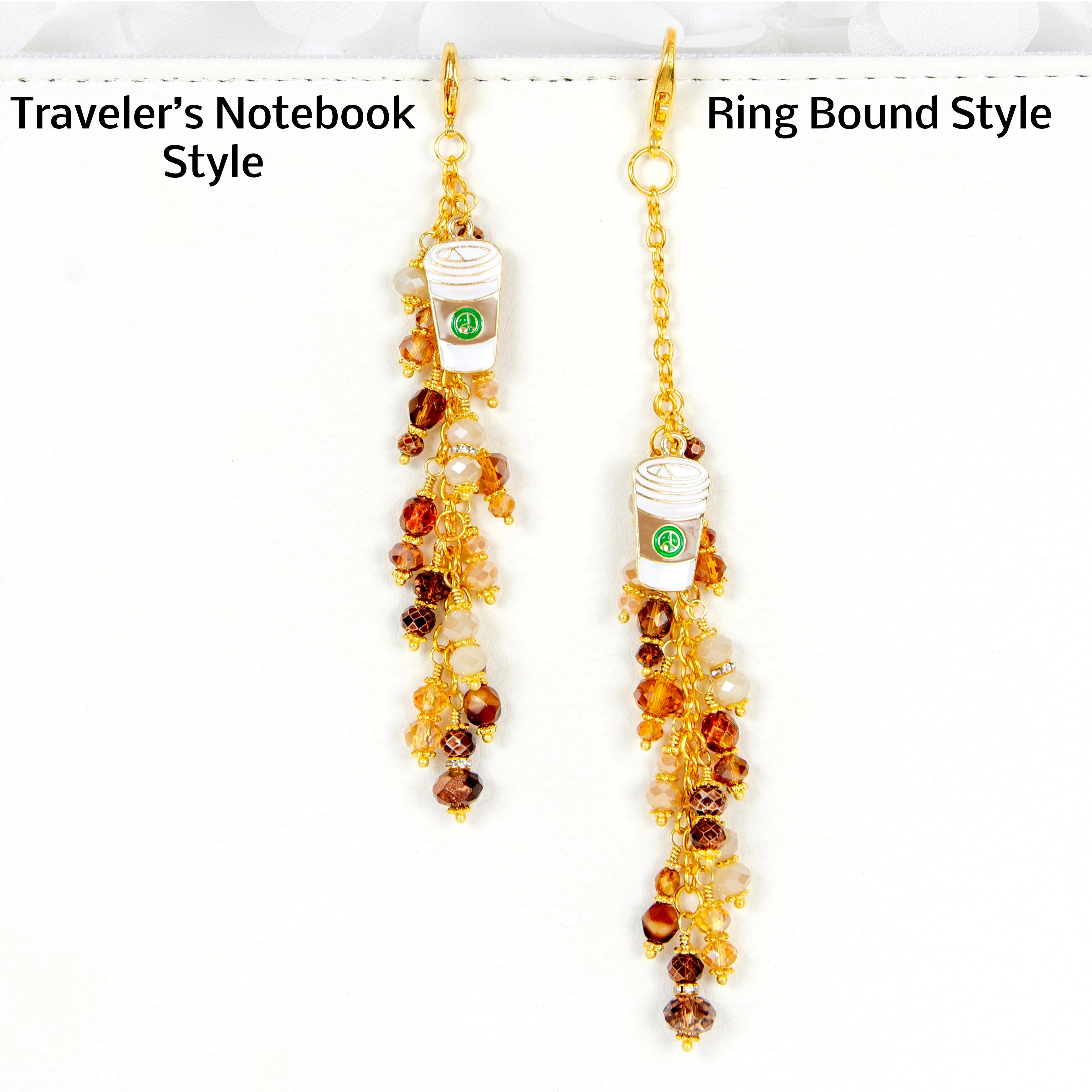 Coffee Cup Planner Charm with Dangle of Brown, Amber and Cream Crystals