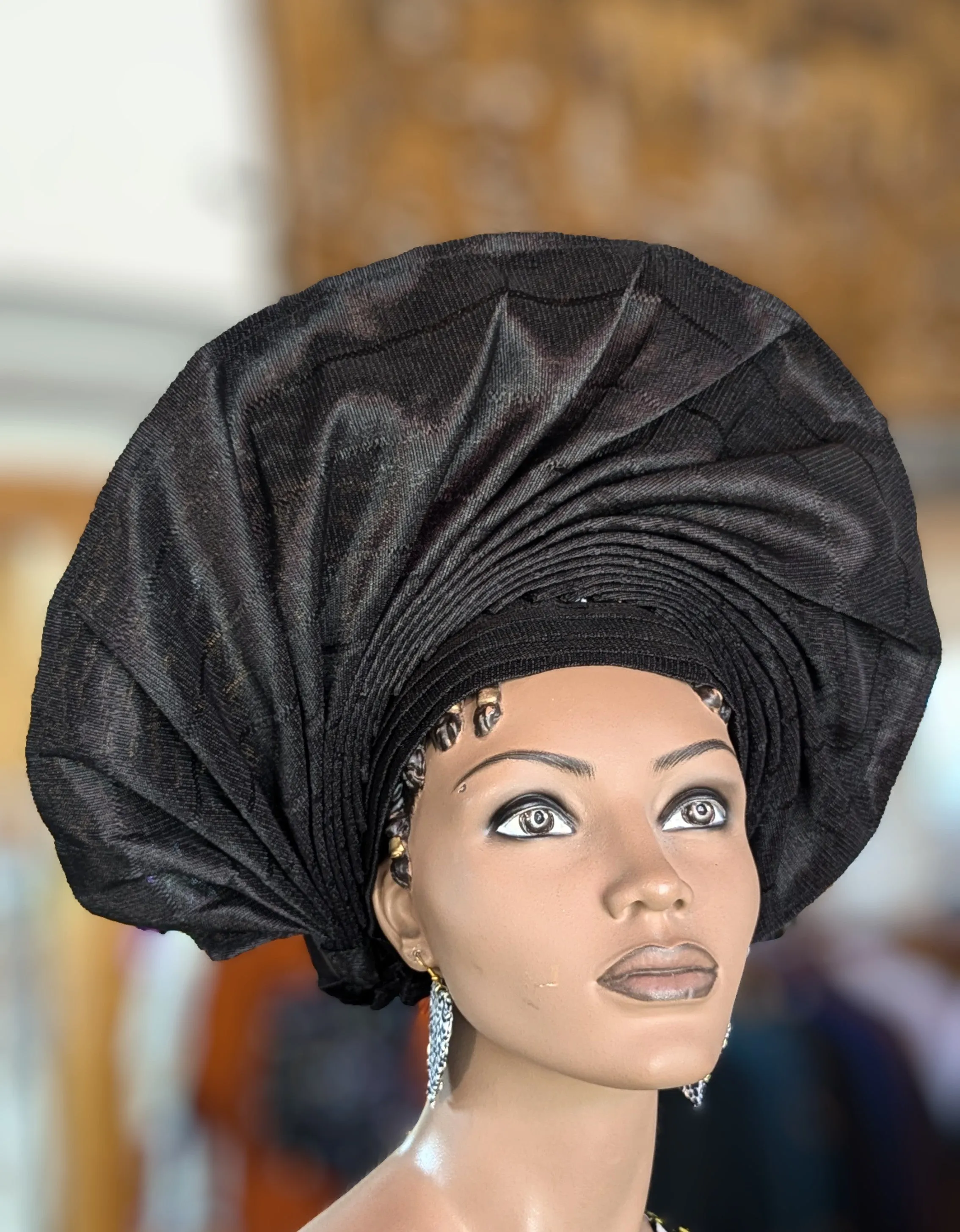 Dupsie's Adesuwa All Black Aso Oke Autogele Crown Ready Gele Head Wrap Hat DPAABF49