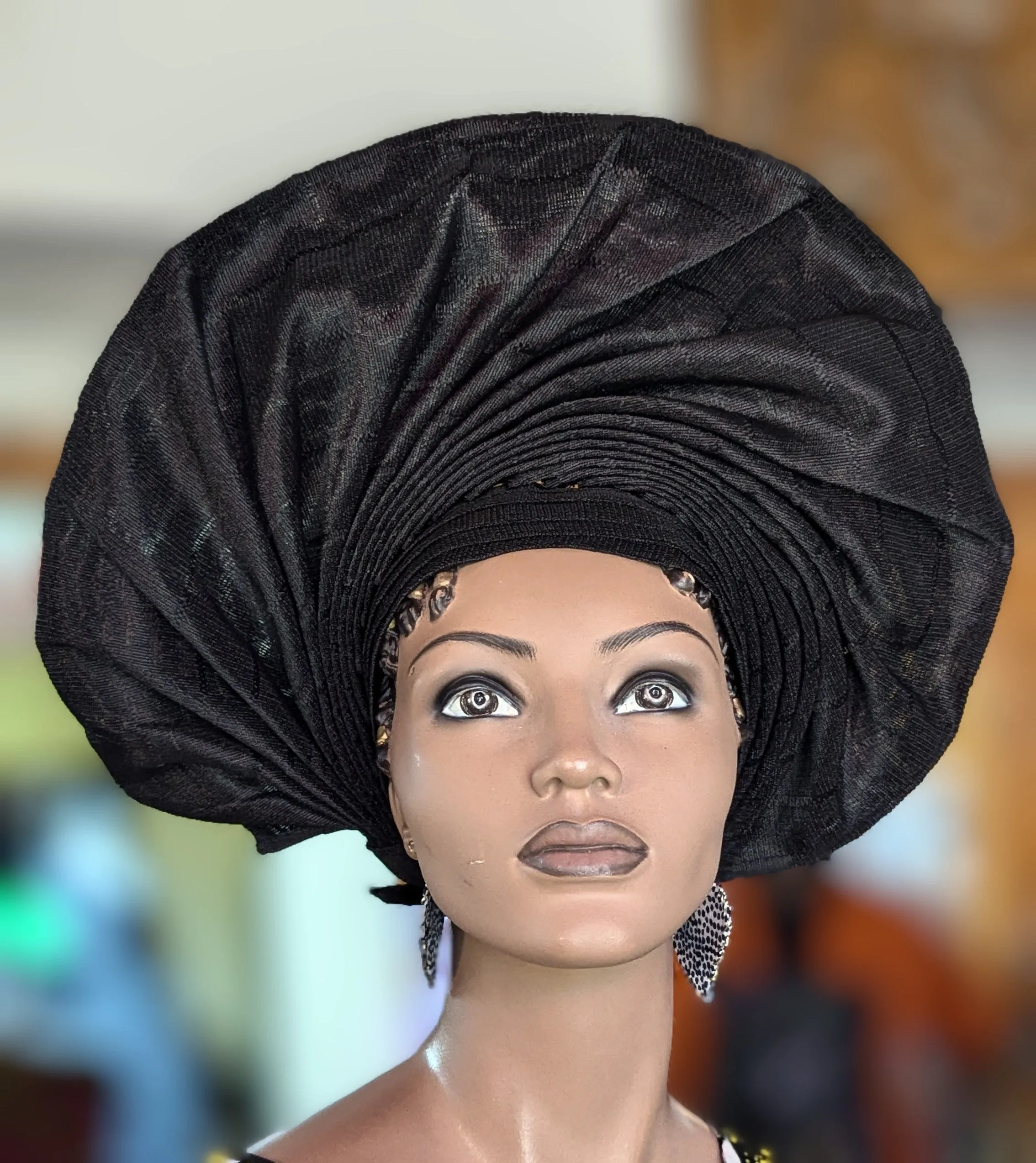 Dupsie's Adesuwa All Black Aso Oke Autogele Crown Ready Gele Head Wrap Hat DPAABF49