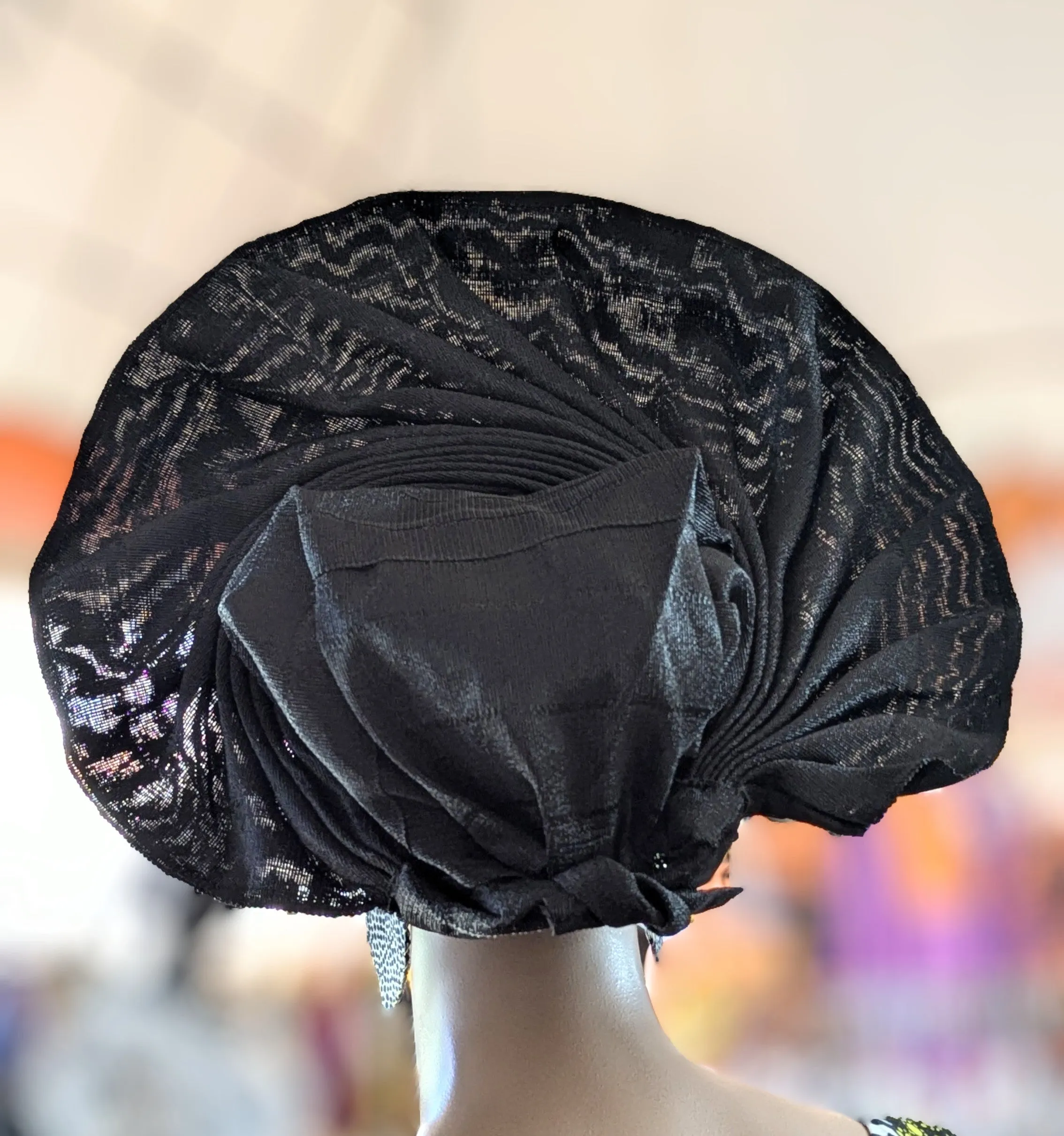 Dupsie's Adesuwa All Black Aso Oke Autogele Crown Ready Gele Head Wrap Hat DPAABF49