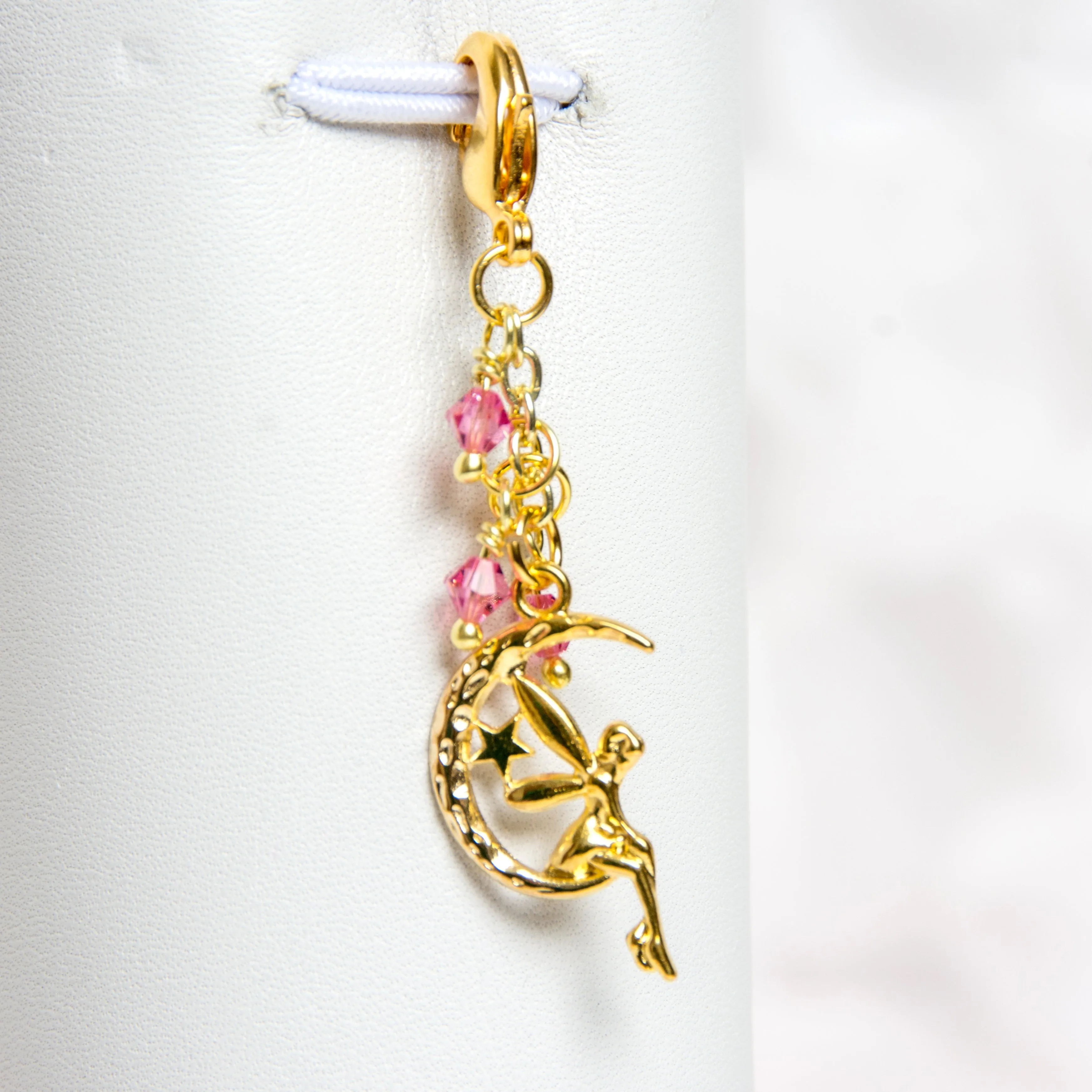 Fairy on Moon Charm with Pink Crystals in Silver or Gold