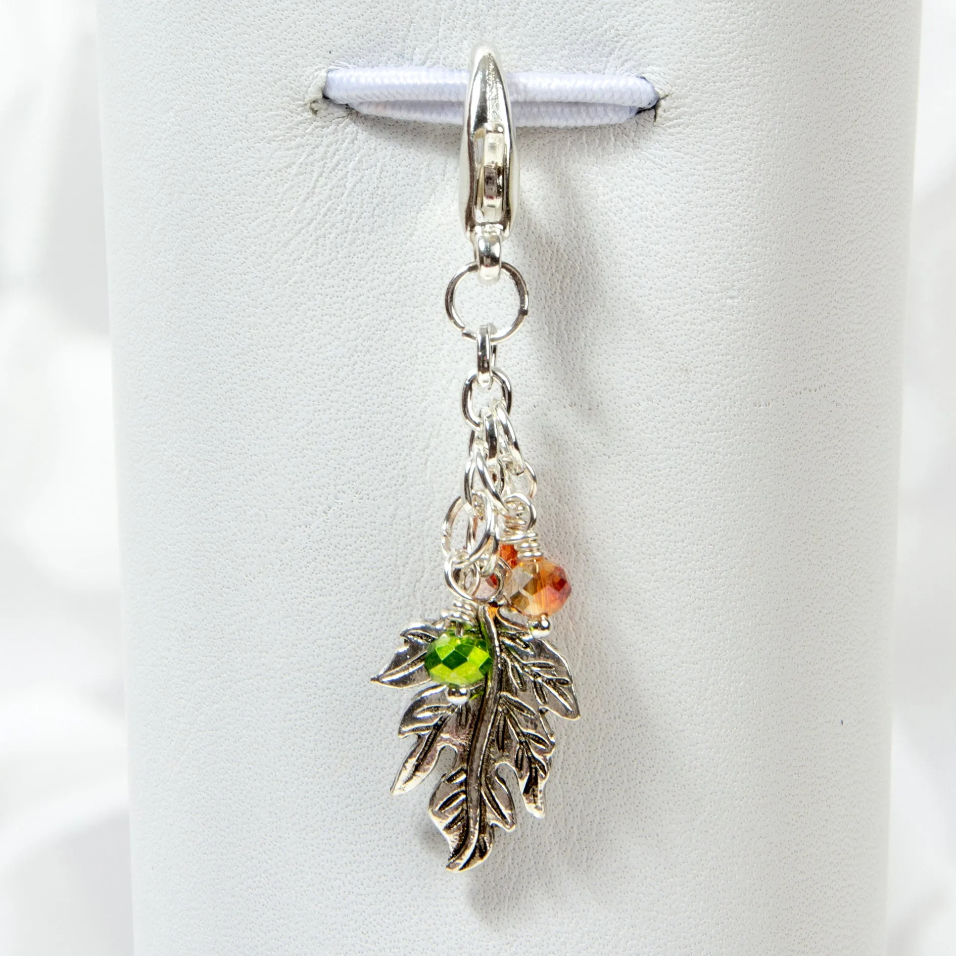 Fall Leaf Charm with Orange, Gold and Green Crystals - Silver Toned