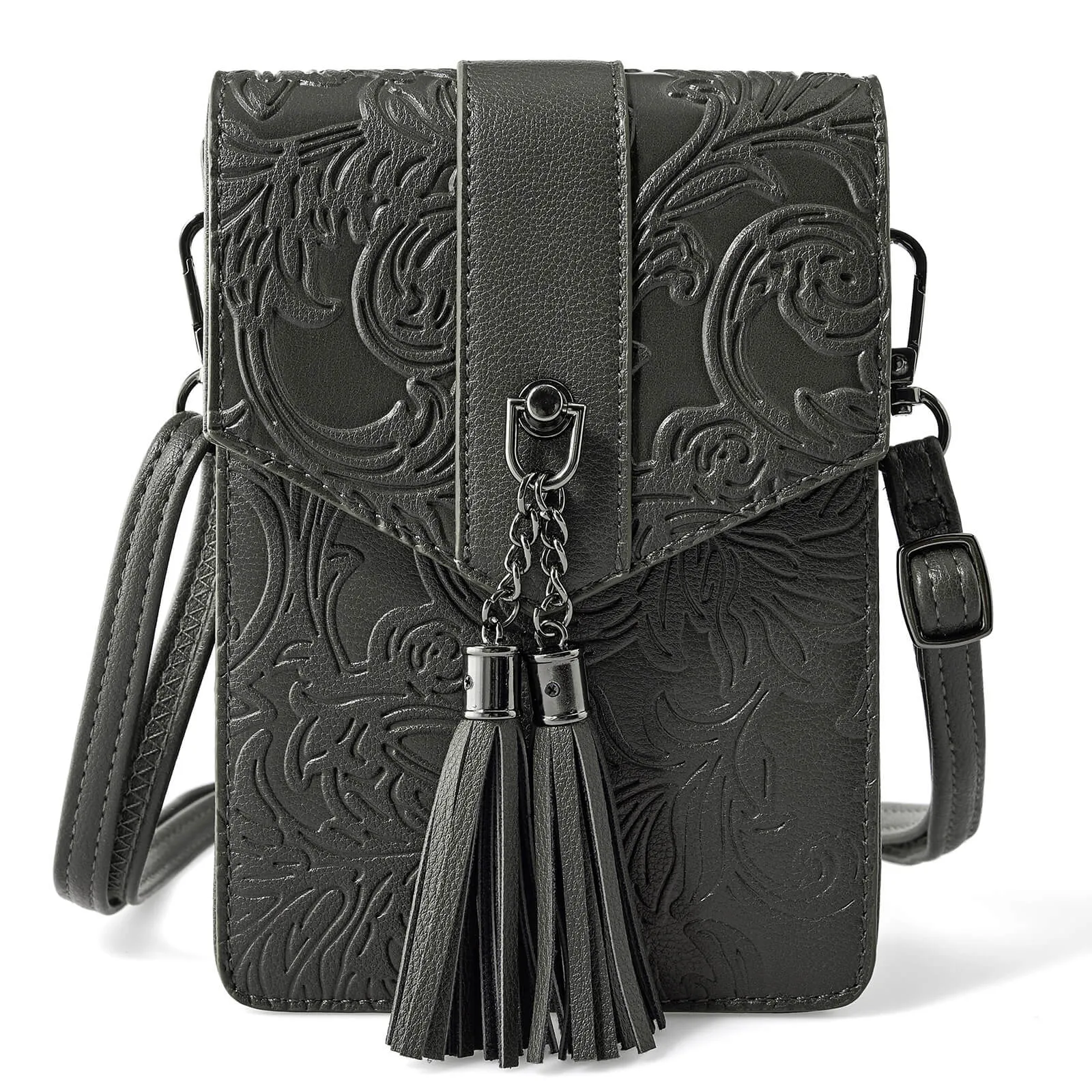 Fringe decorated orchid embossed Shoulder Bag-DARK GRAY