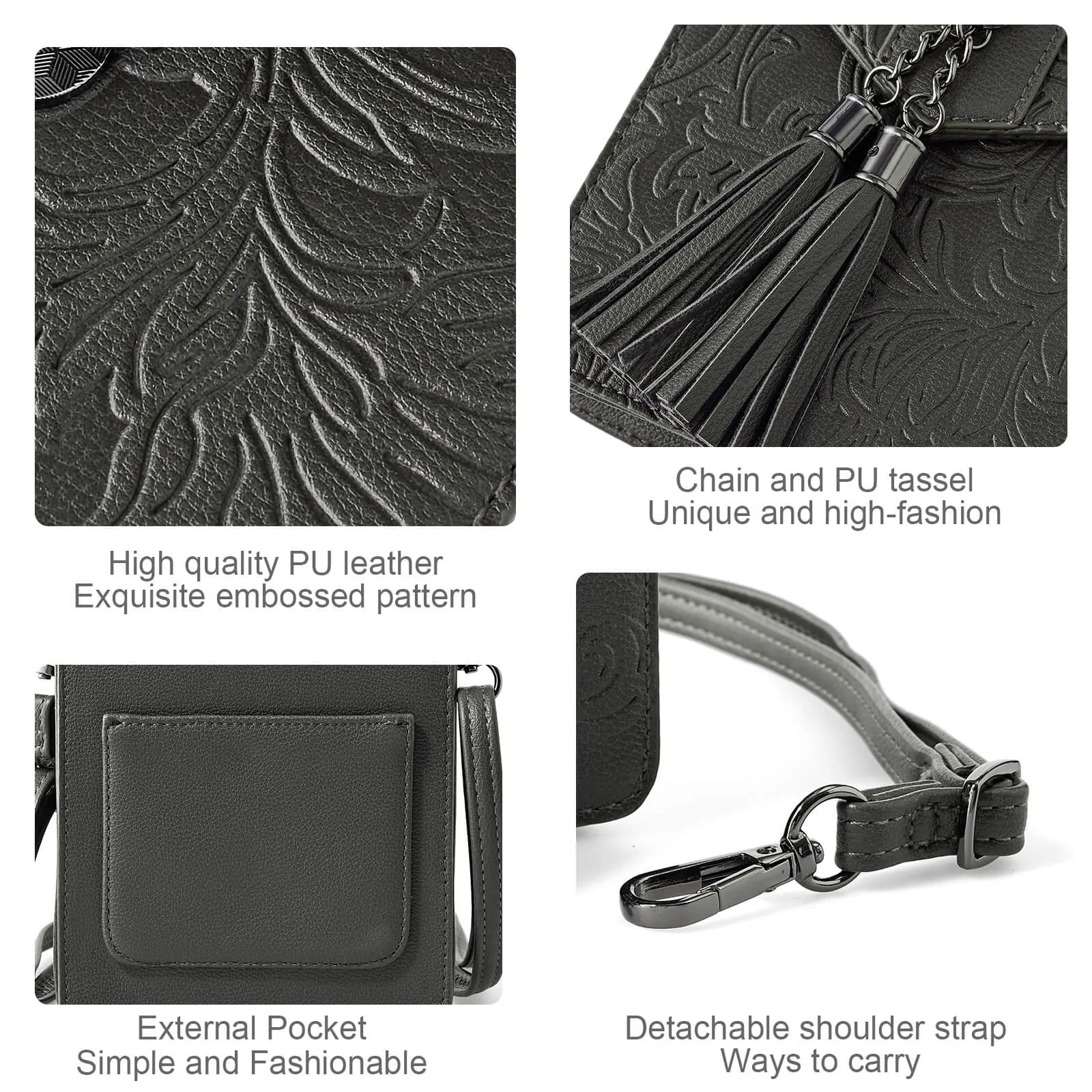 Fringe decorated orchid embossed Shoulder Bag-DARK GRAY