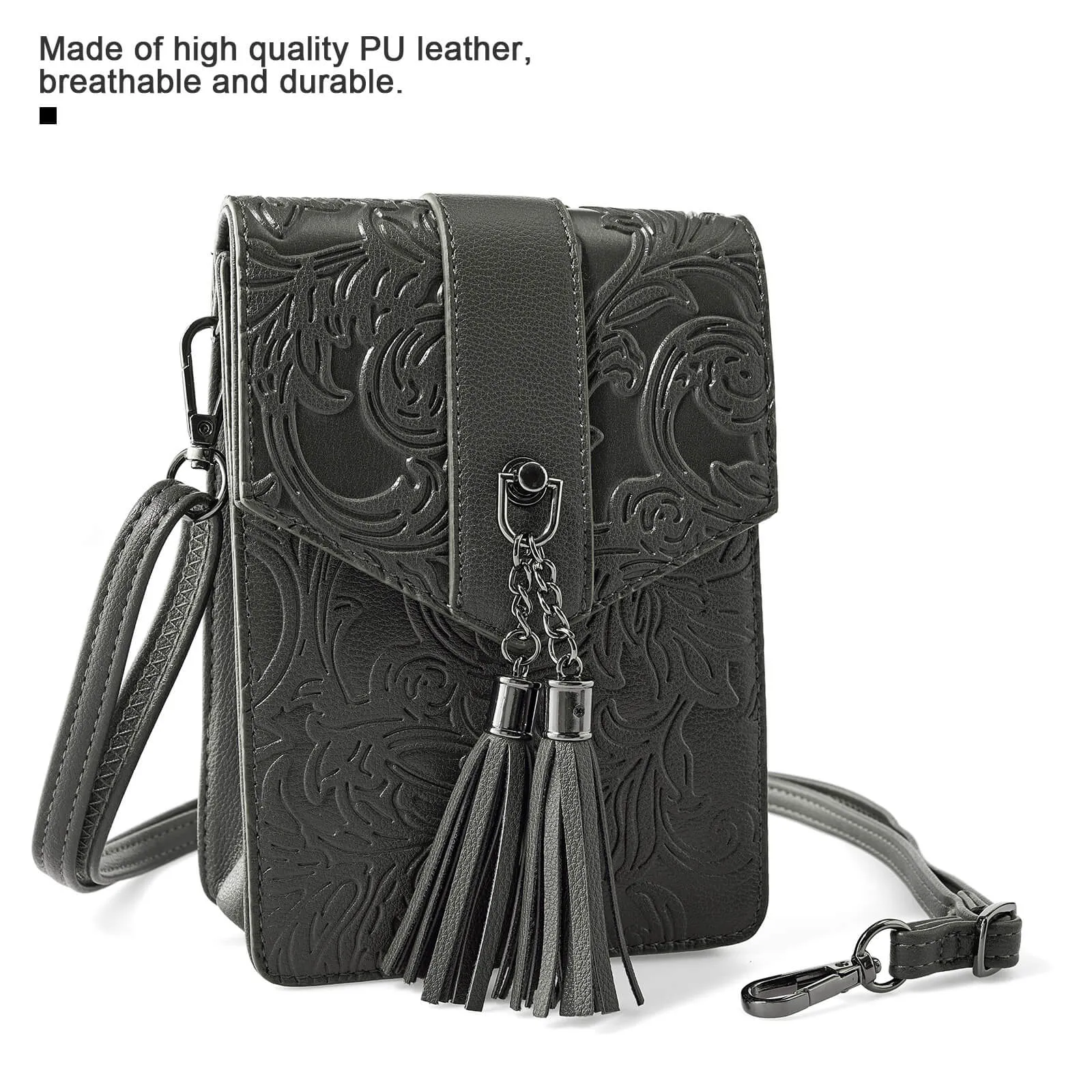 Fringe decorated orchid embossed Shoulder Bag-DARK GRAY