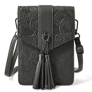 Fringe decorated orchid embossed Shoulder Bag-DARK GRAY