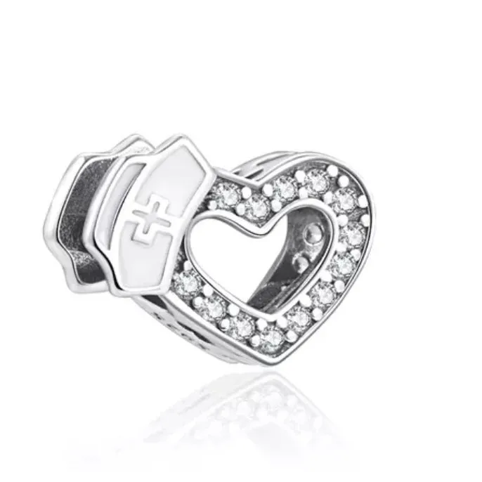 Heart With A Nurses Hat Charm - 925 Sterling Silver