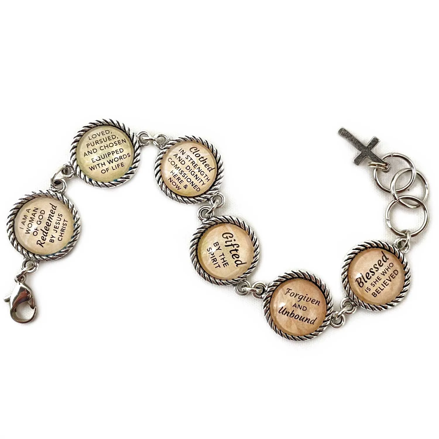 I Am a Woman of God, Forgiven & Unbound – Christian Affirmations Bracelet – Square Antique Silver Twist Edge Design