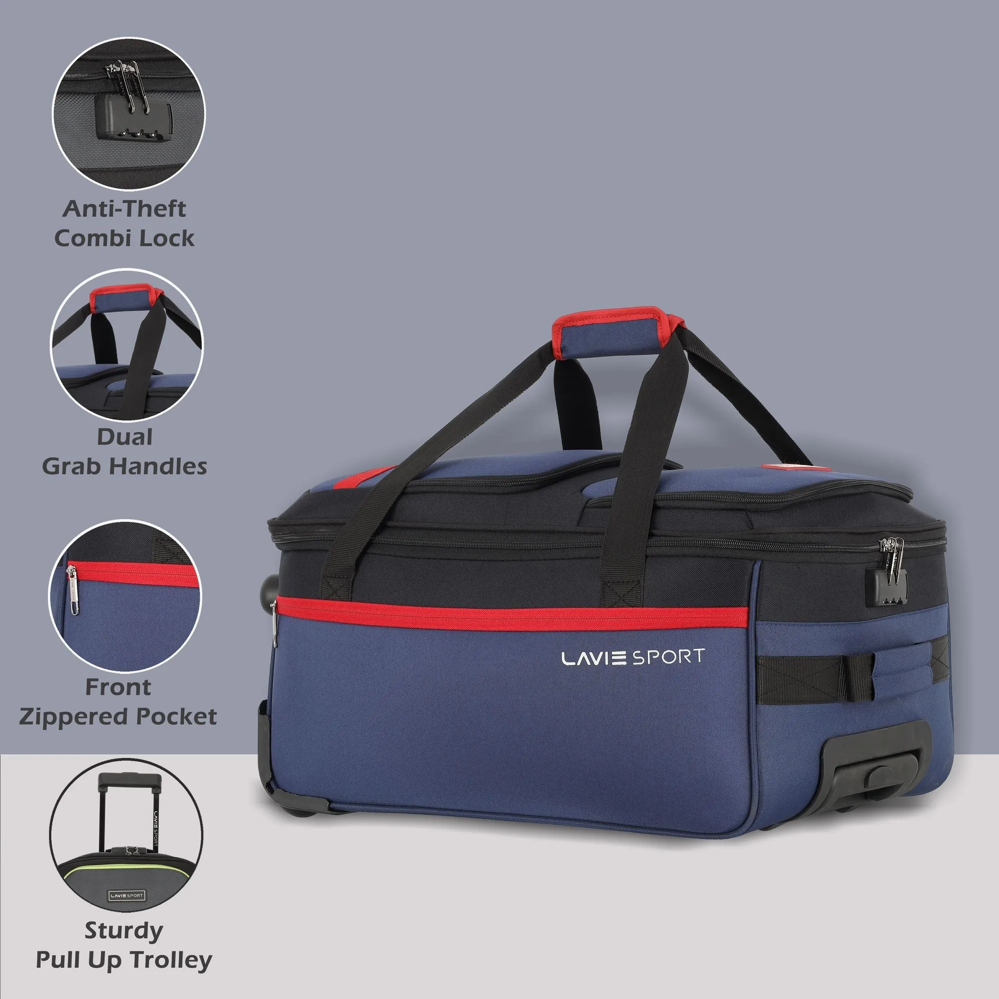 Lavie Sport Medium size 53 cms Extreme Wheel Duffle Push Button Trolley Bag| Trolley Bag Navy