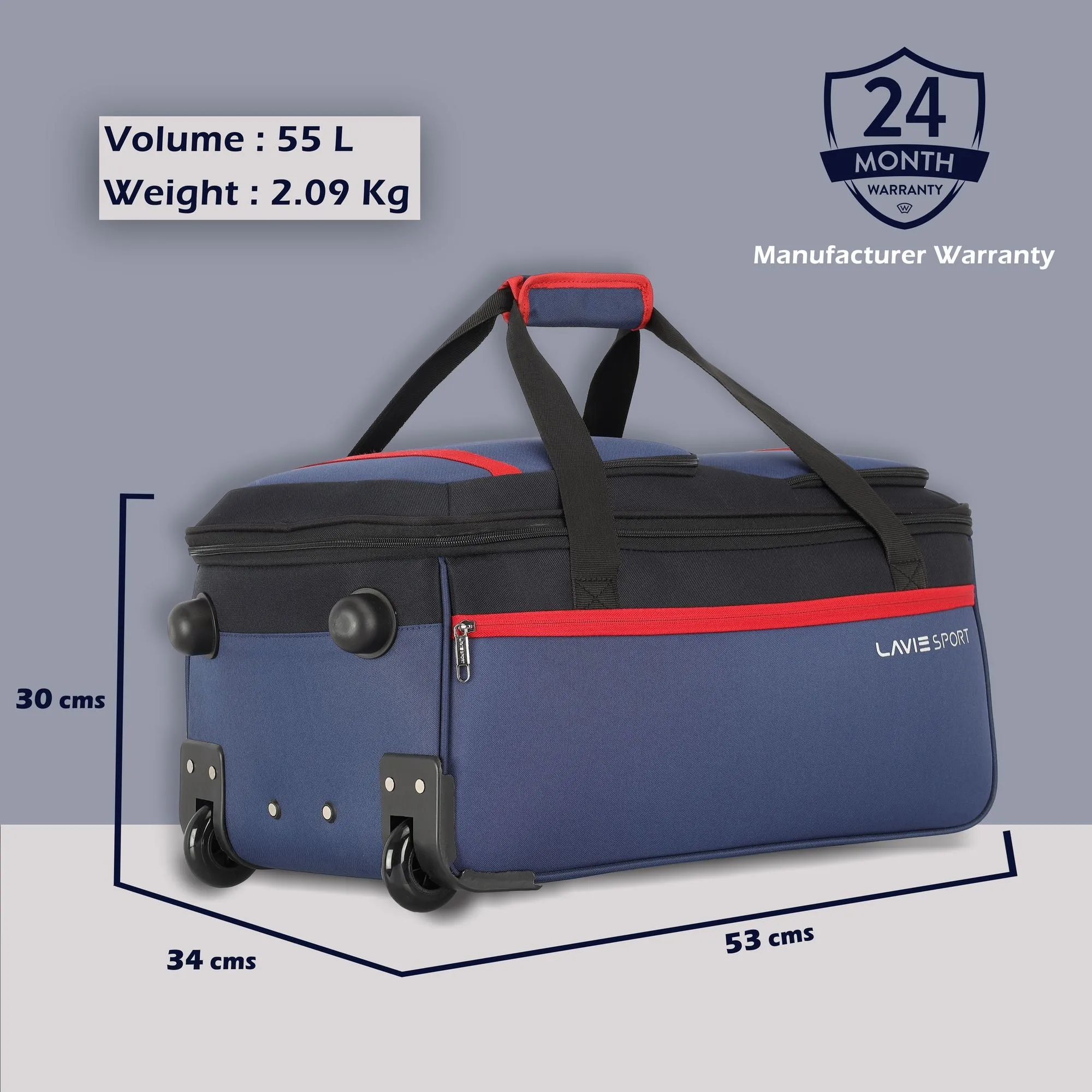 Lavie Sport Medium size 53 cms Extreme Wheel Duffle Push Button Trolley Bag| Trolley Bag Navy