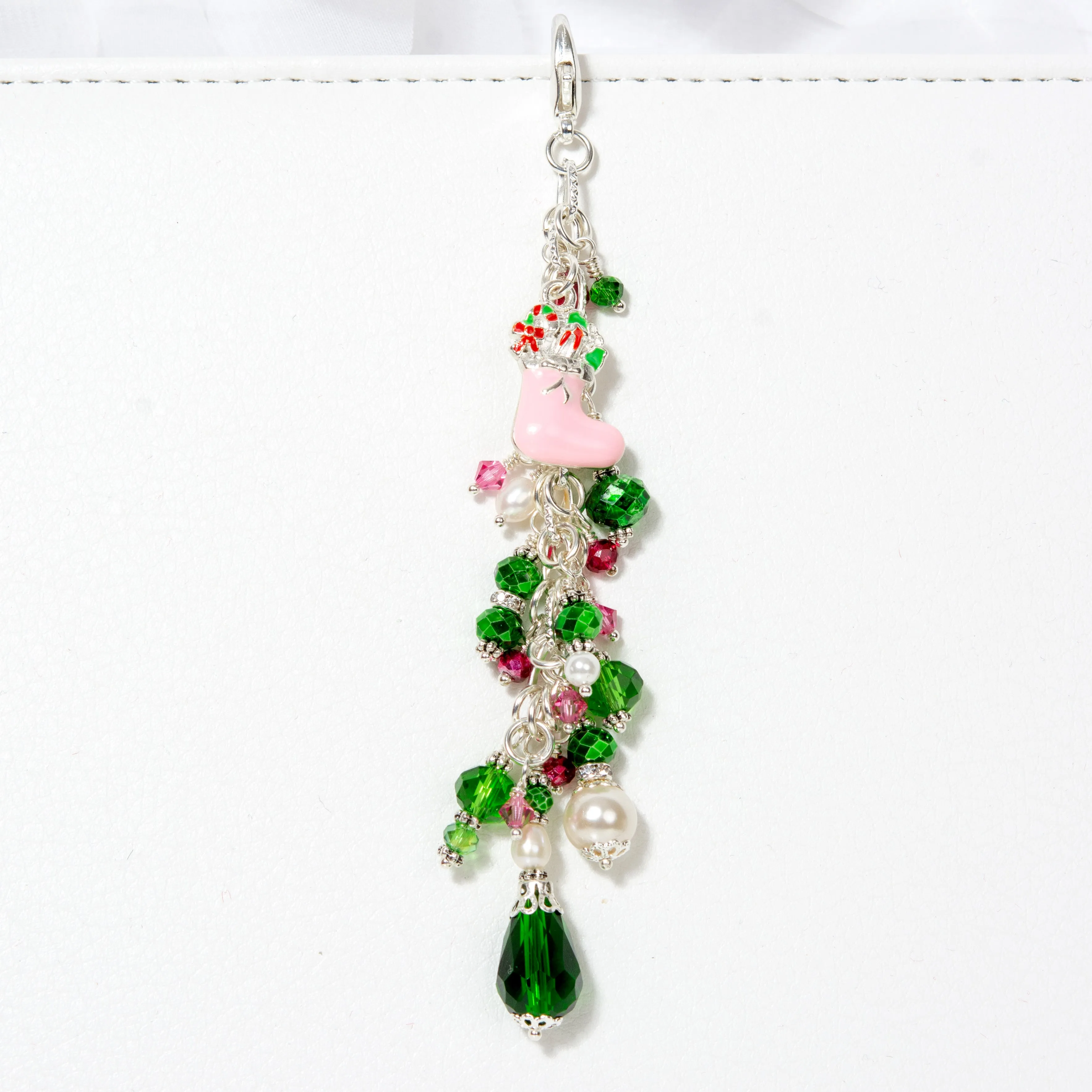 Pink Christmas Stocking Planner Charm with Green and Pink Crystals