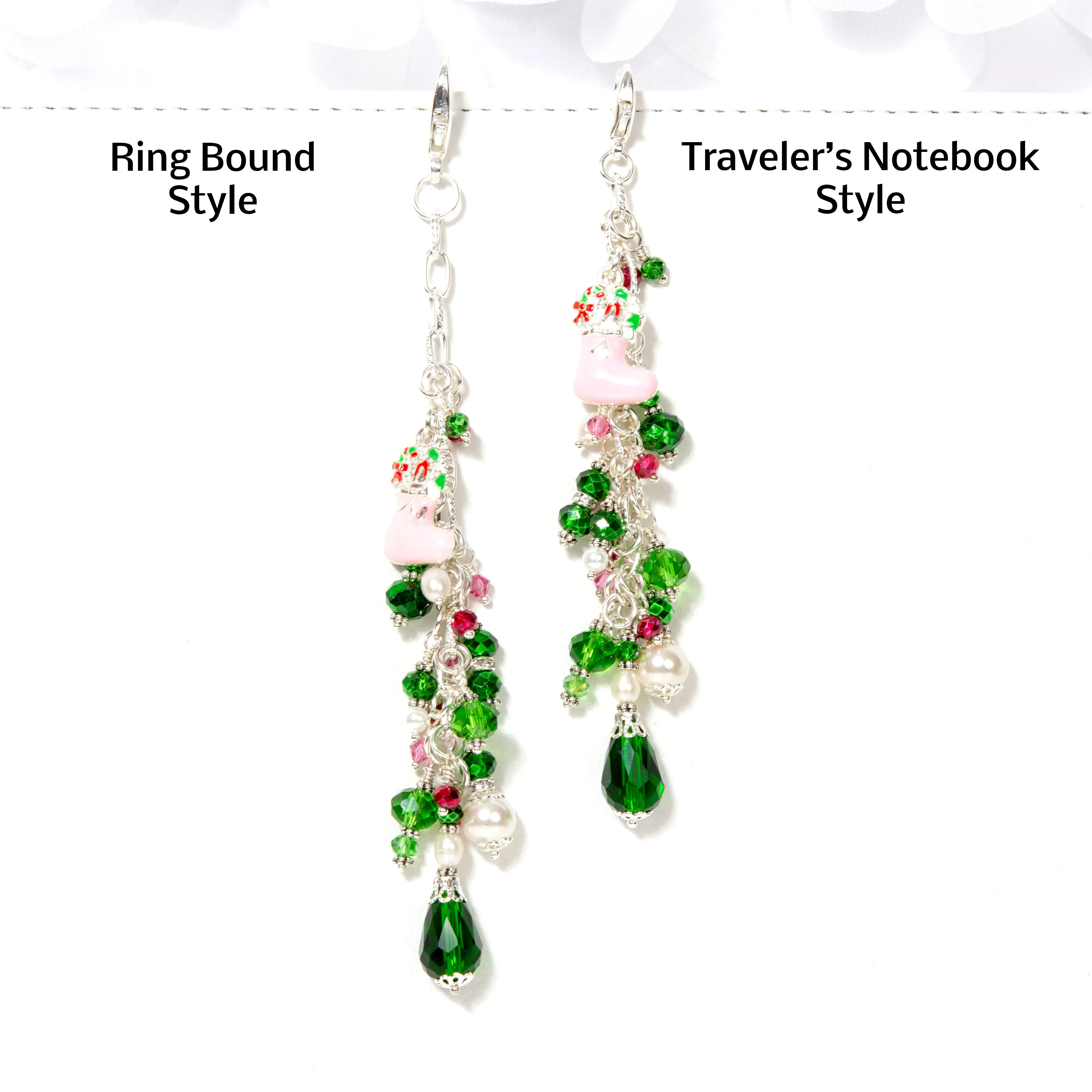 Pink Christmas Stocking Planner Charm with Green and Pink Crystals