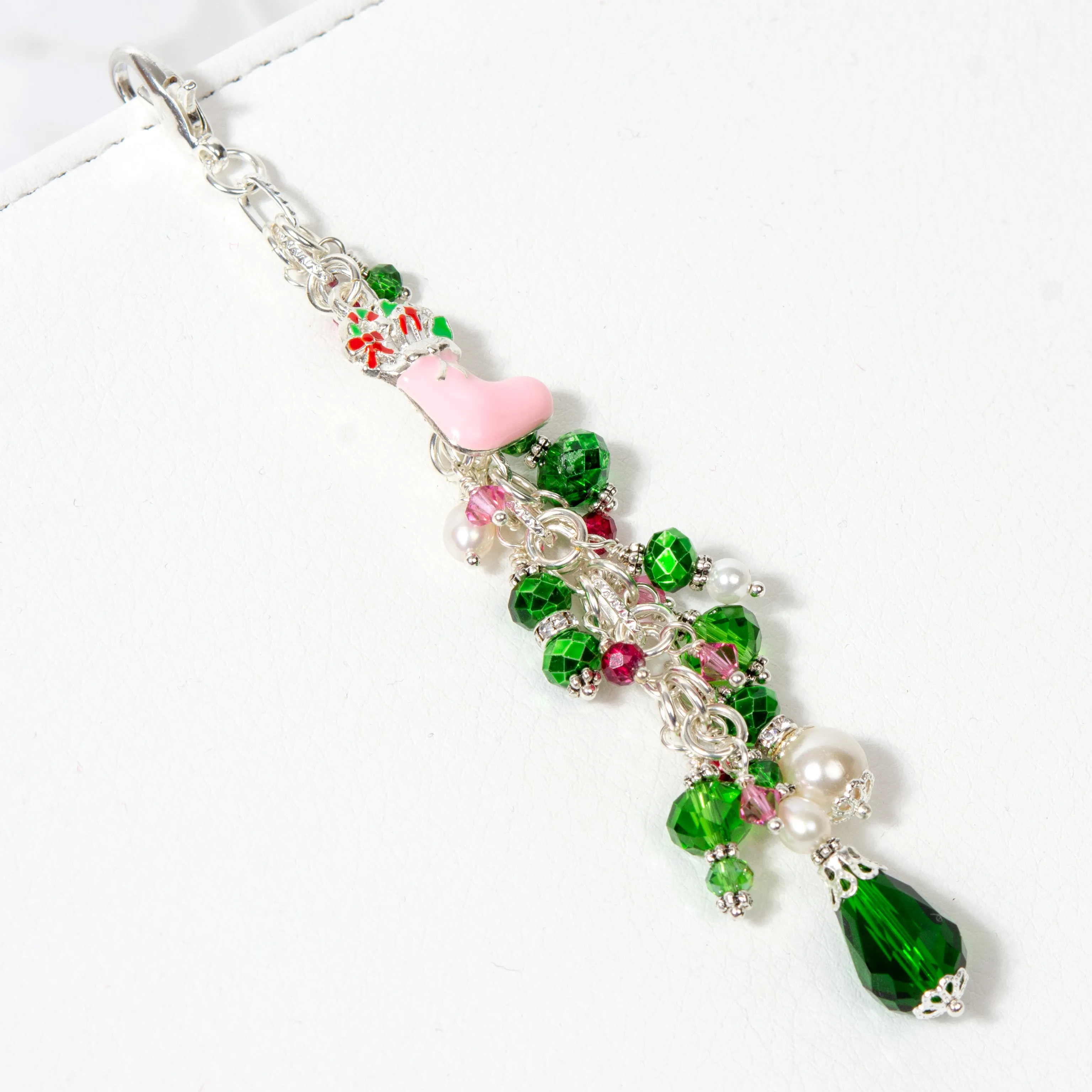 Pink Christmas Stocking Planner Charm with Green and Pink Crystals