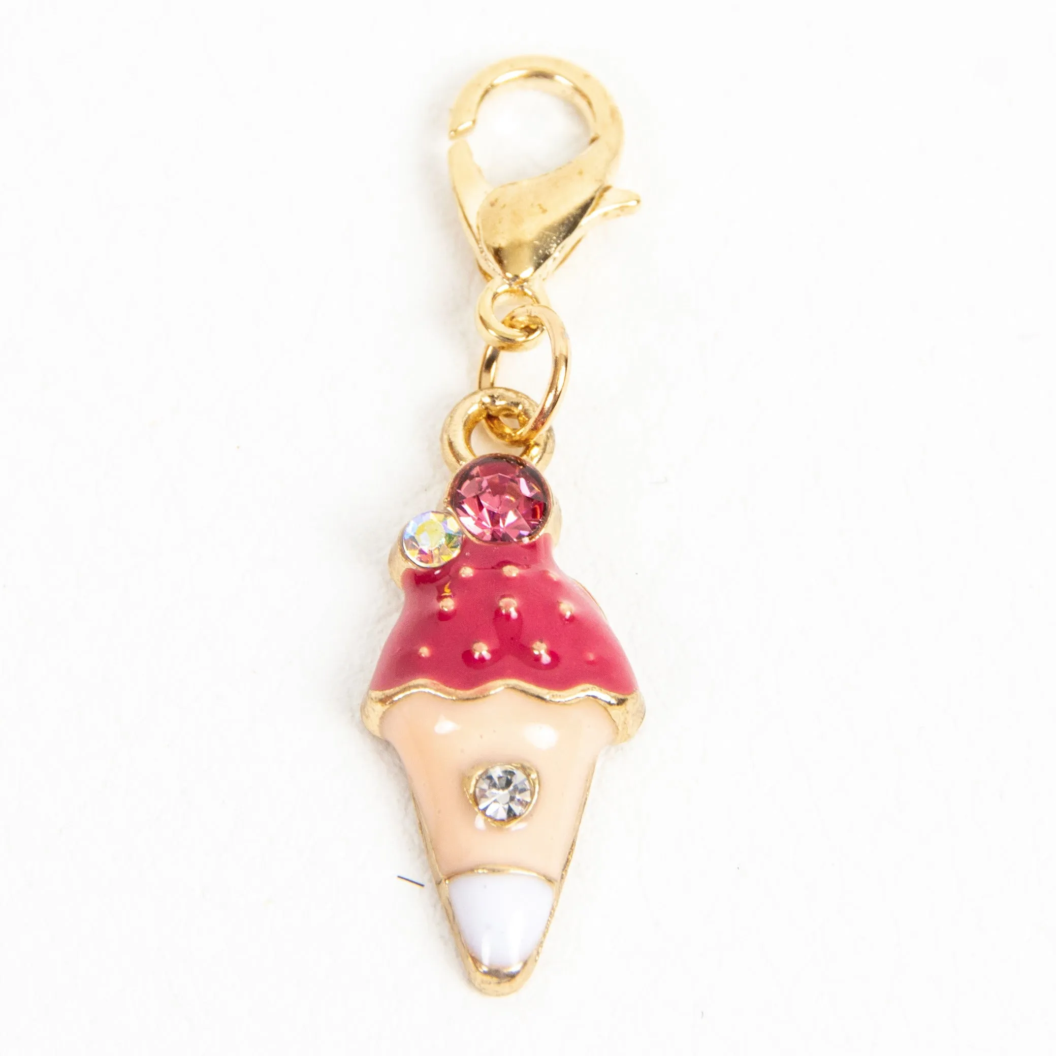 Pink Enamel Ice Cream Cone Charm with Rhinestone Accents