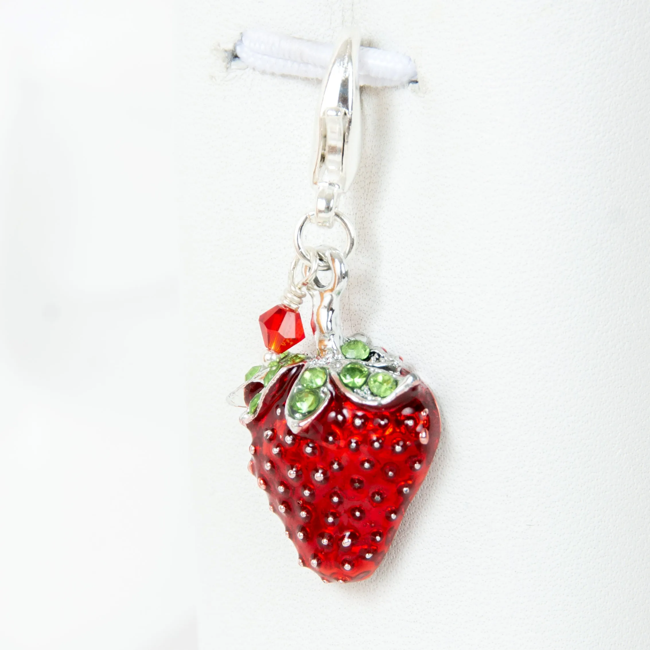 Red Enamel Strawberry Charm with Rhinestone Accents and Austrian Crystal